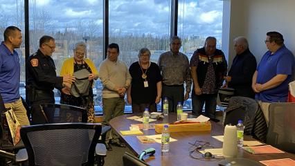 Pictured with the Elders are Police Chief Darcy Fleury, S/Sgt. Jason Anderson, Community Inclusion Team Coordinator Jan Ritchie, and Indigenous Liaison Officer Cst. Bob Simon.